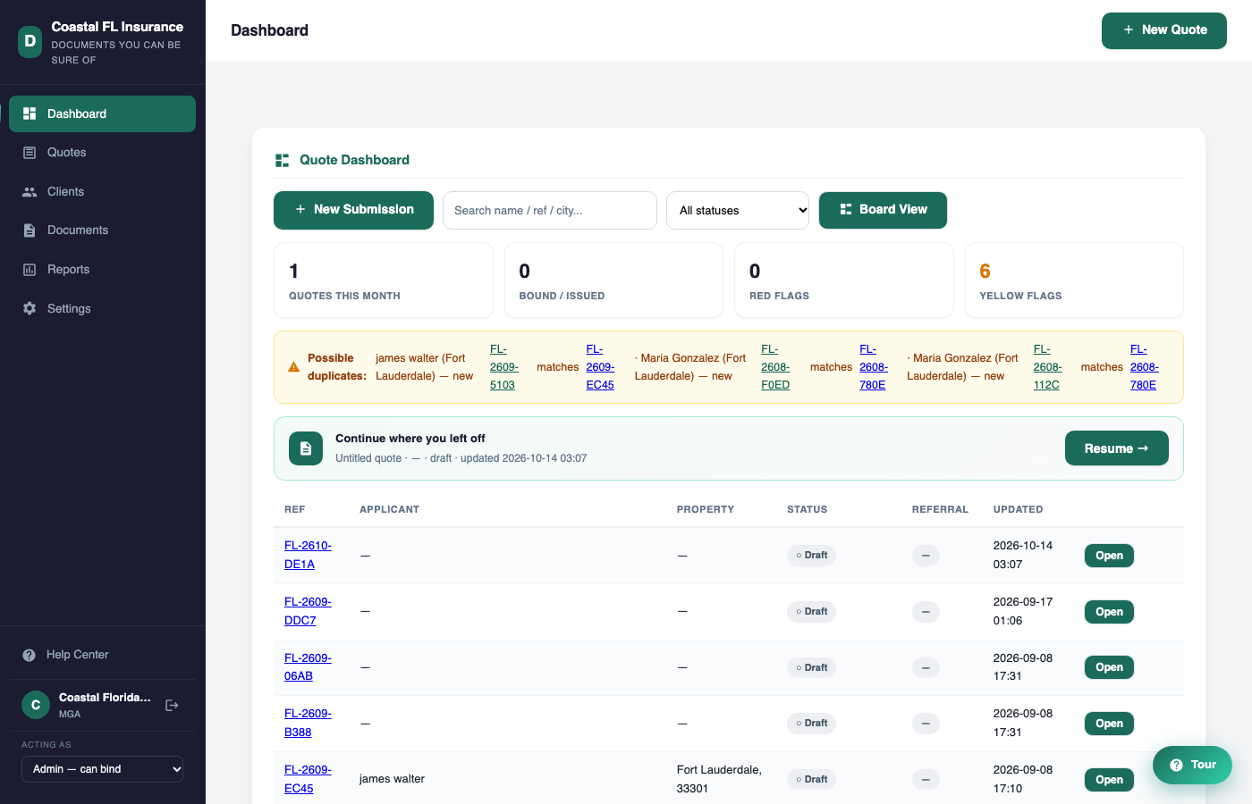 Doqsure dashboard with quote pipeline, KPIs, and renewal ticklers