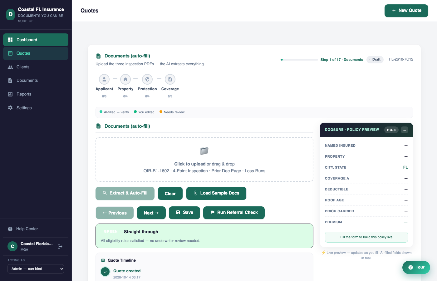 Doqsure quote form — AI-extracted inspection data with referral flags